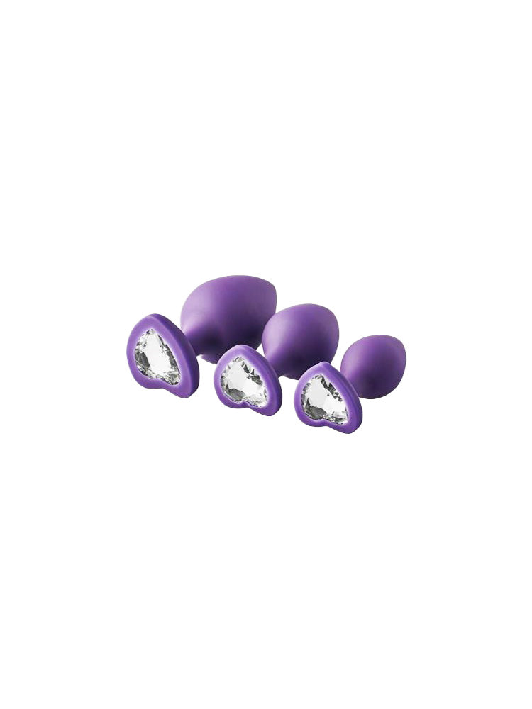 Kit di 3 plug anali in silicone dimensioni graduali di colore viola con gemma a forma di cuore