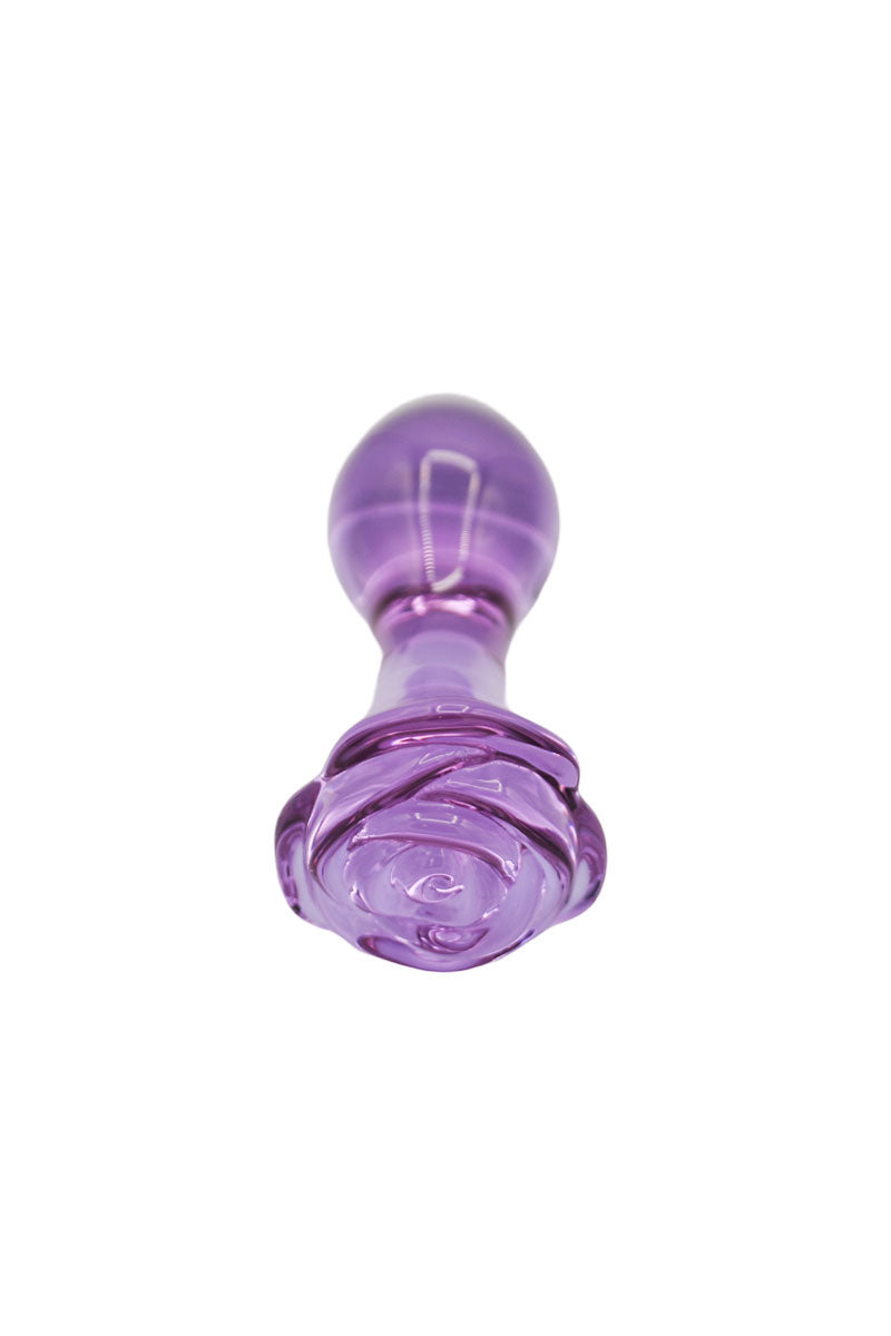 Plug anale viola in vetro borosilicato con base a forma di rosa