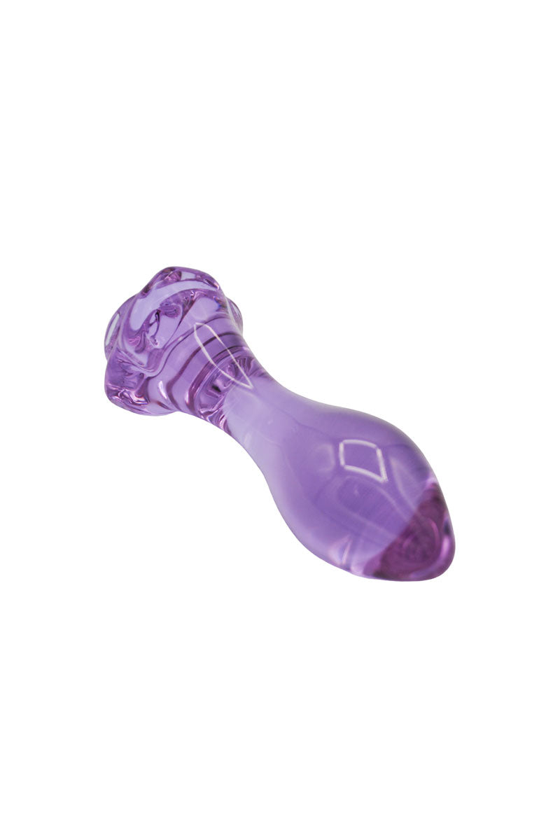 Plug anale viola in vetro borosilicato con base a forma di rosa